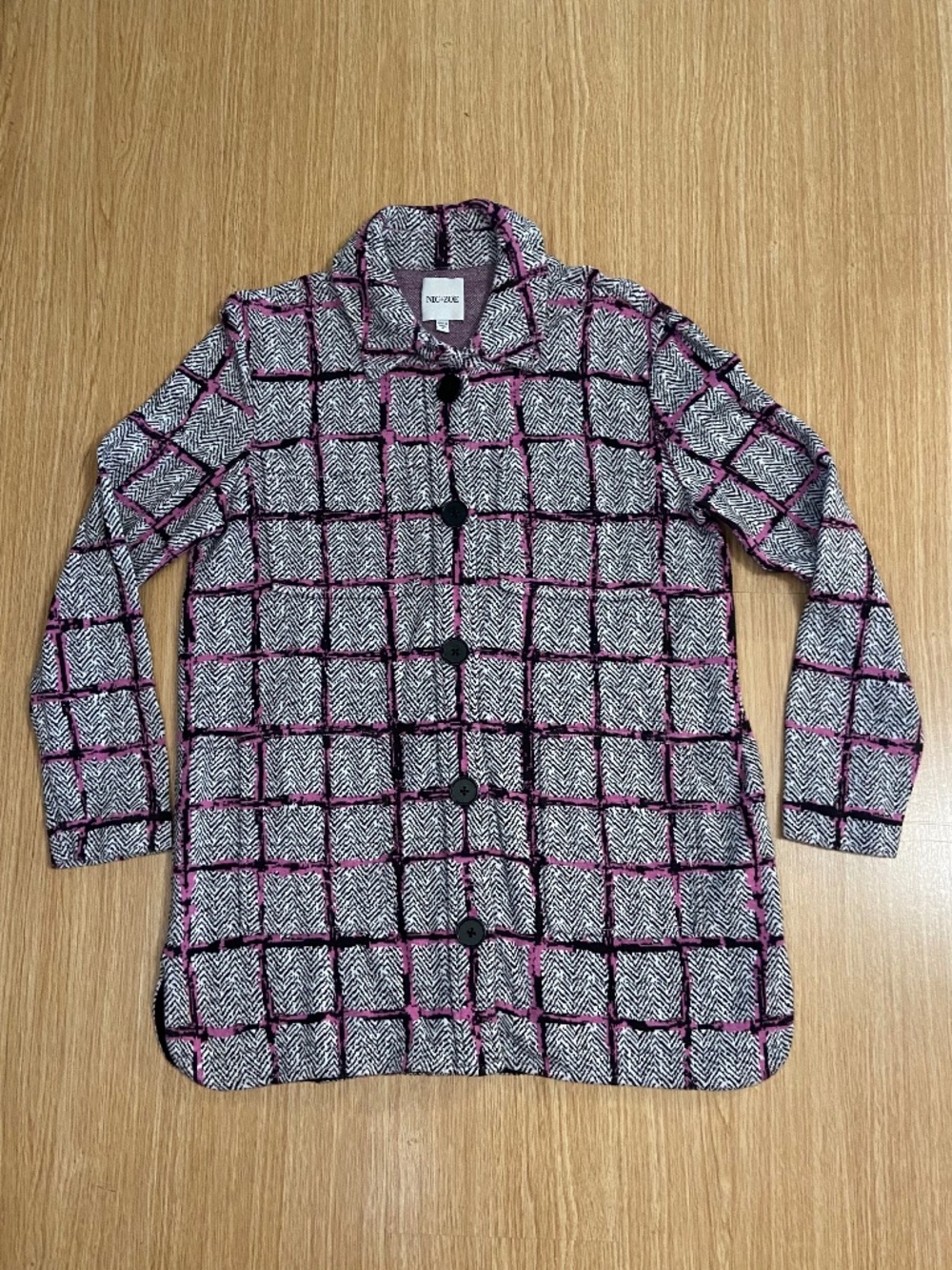 NIC + ZOE Plaid Herringbone Knit Shirt Jacket Cardigan | Sz S | Pink Black White